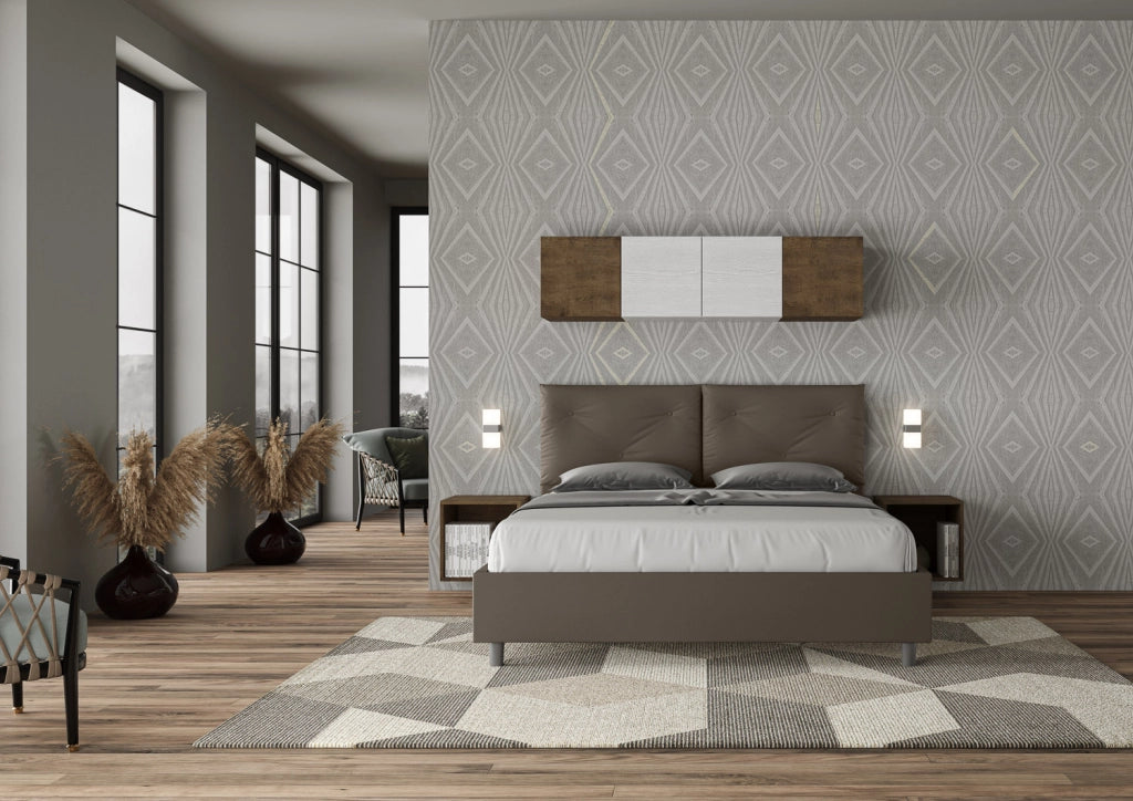Letto Matrimoniale 160x190 cm con Rete e Contenitore con Alzata Comoda Imbottito in Similpelle Appia Cappuccino