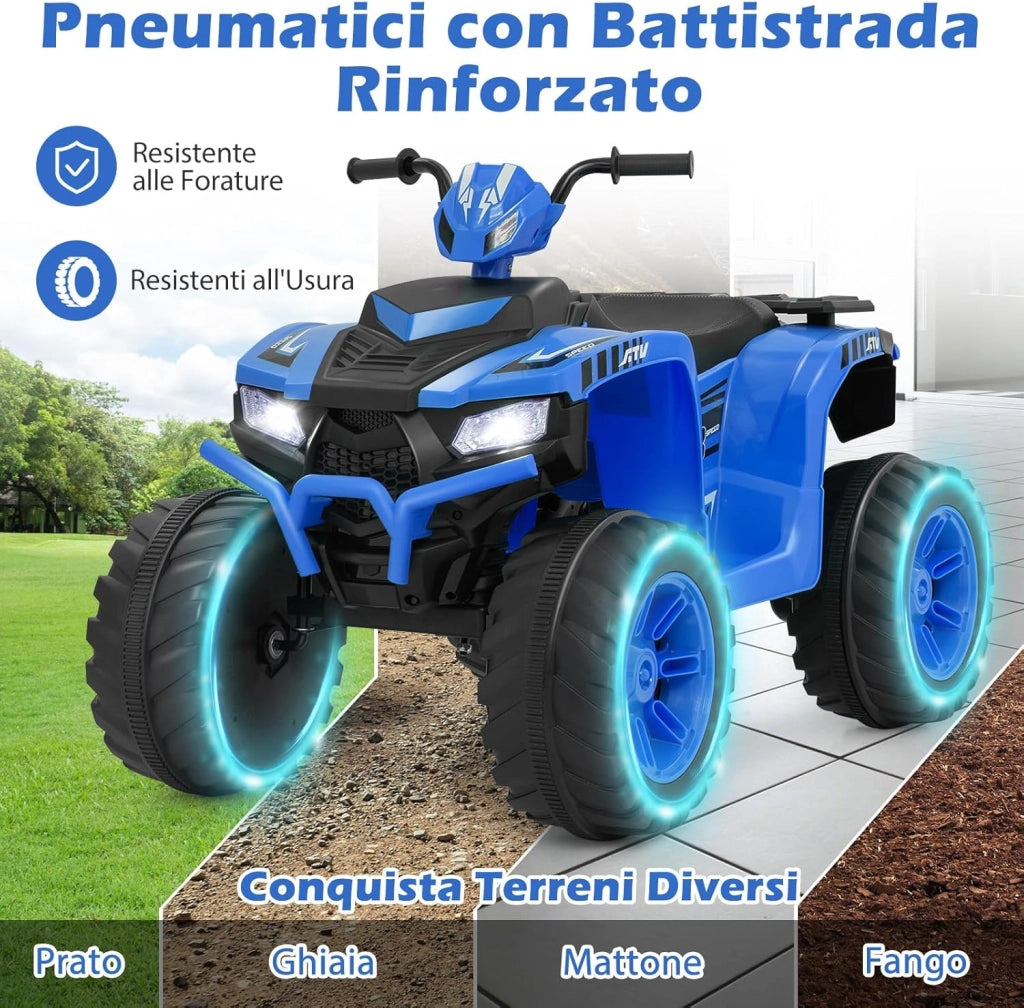24V Quad Elettrico per Bambini, Macchina Elettrica Cavalcabile con Musica Radio Luci a LED, Avvio Lento, Velocità Fino a 5km/h, per Bambini 3-8 Anni (Blu)