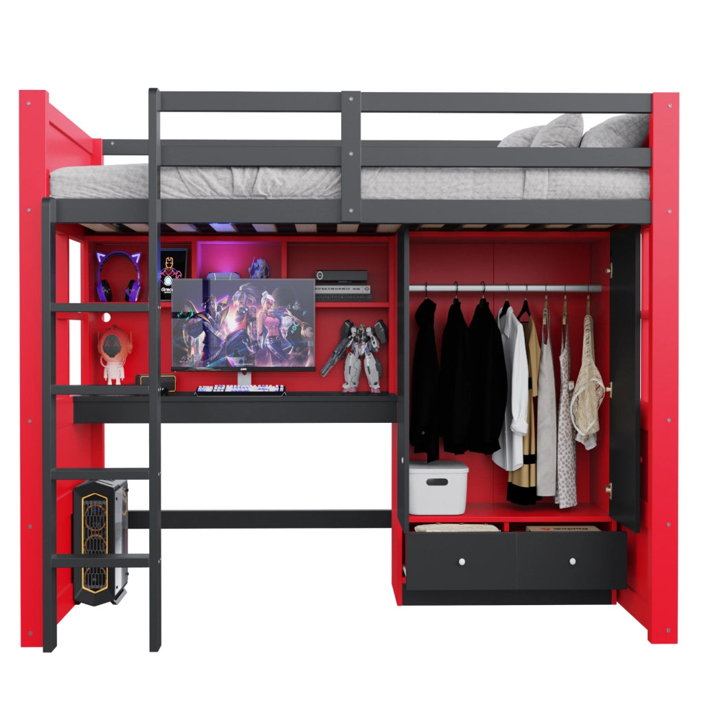 Letto a soppalco 90x200 cm con scrivania; armadio; cassetti; LED e prese; nero e rosso