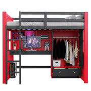 Letto a soppalco 90x200 cm con scrivania; armadio; cassetti; LED e prese; nero e rosso