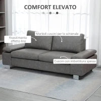 Divano 3 Posti Reclinabile e Imbottito con Braccioli Regolabili, in PU, Legno e Metallo, 200x88x86 cm, Grigio