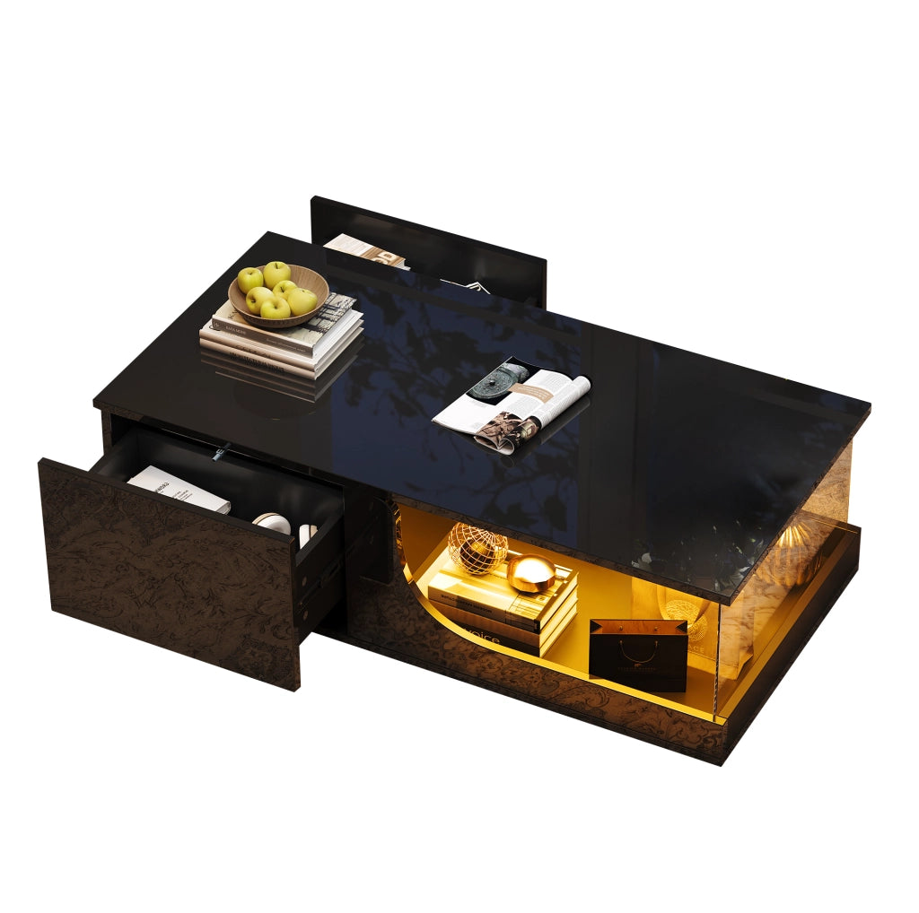 Tavolino da caffè con LED e 2 cassetti 100x50x30 cm in MDF e vetro temperato; nero