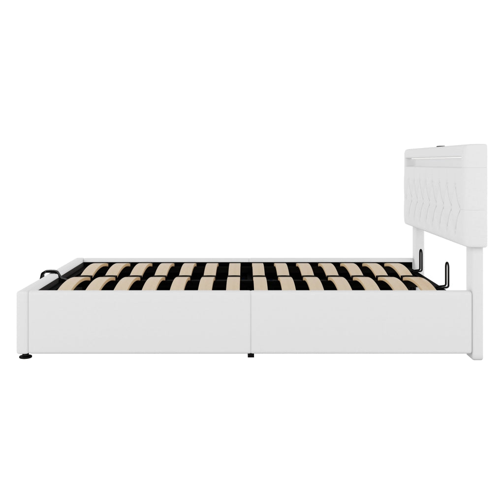 Letti contenitori 140x200 cm; sollevabile con LED e porte USB; in lino e MDF; bianco