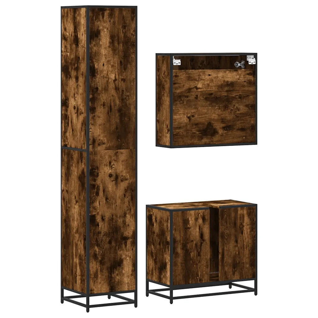 Set Mobili da Bagno 3 pz Rovere Fumo in Legno Multistrato