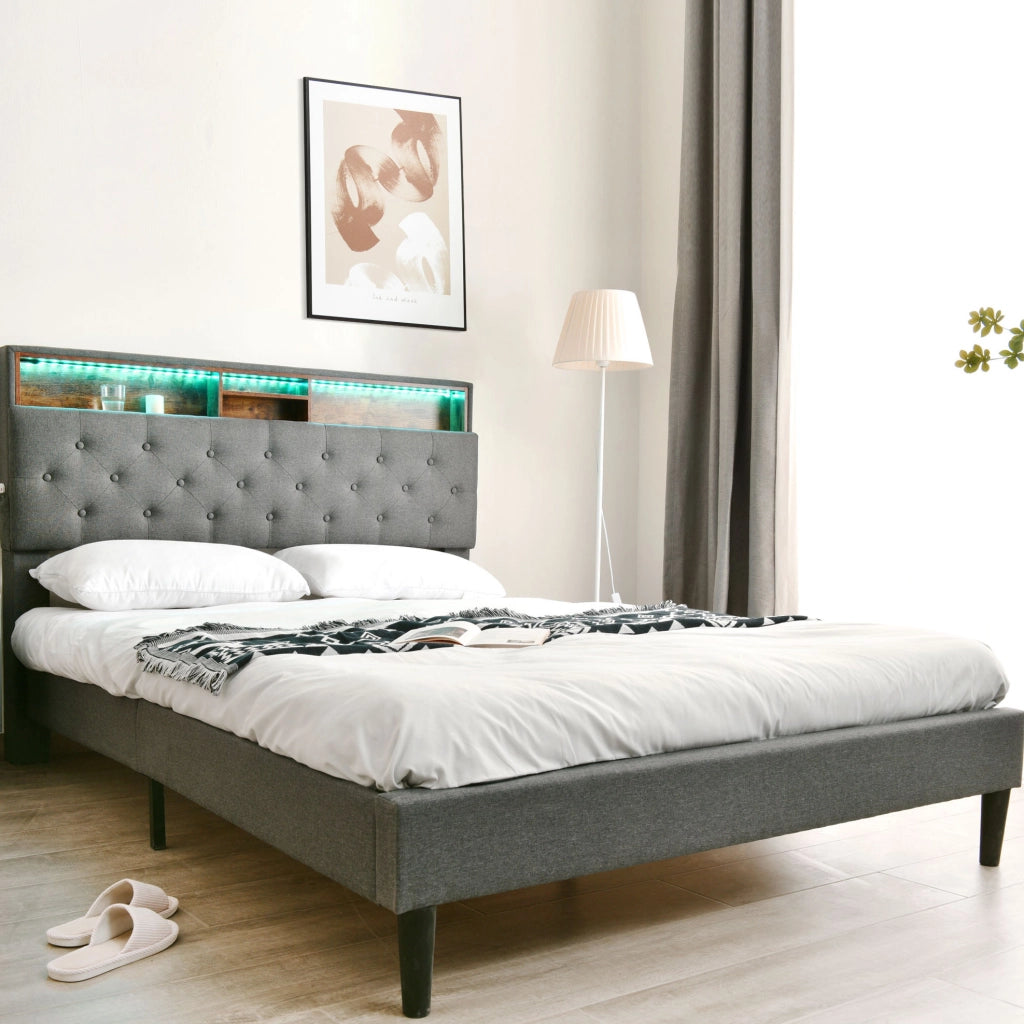 Letto matrimoniale imbottito con testiera contenitore e LED 140x200 cm; grigio