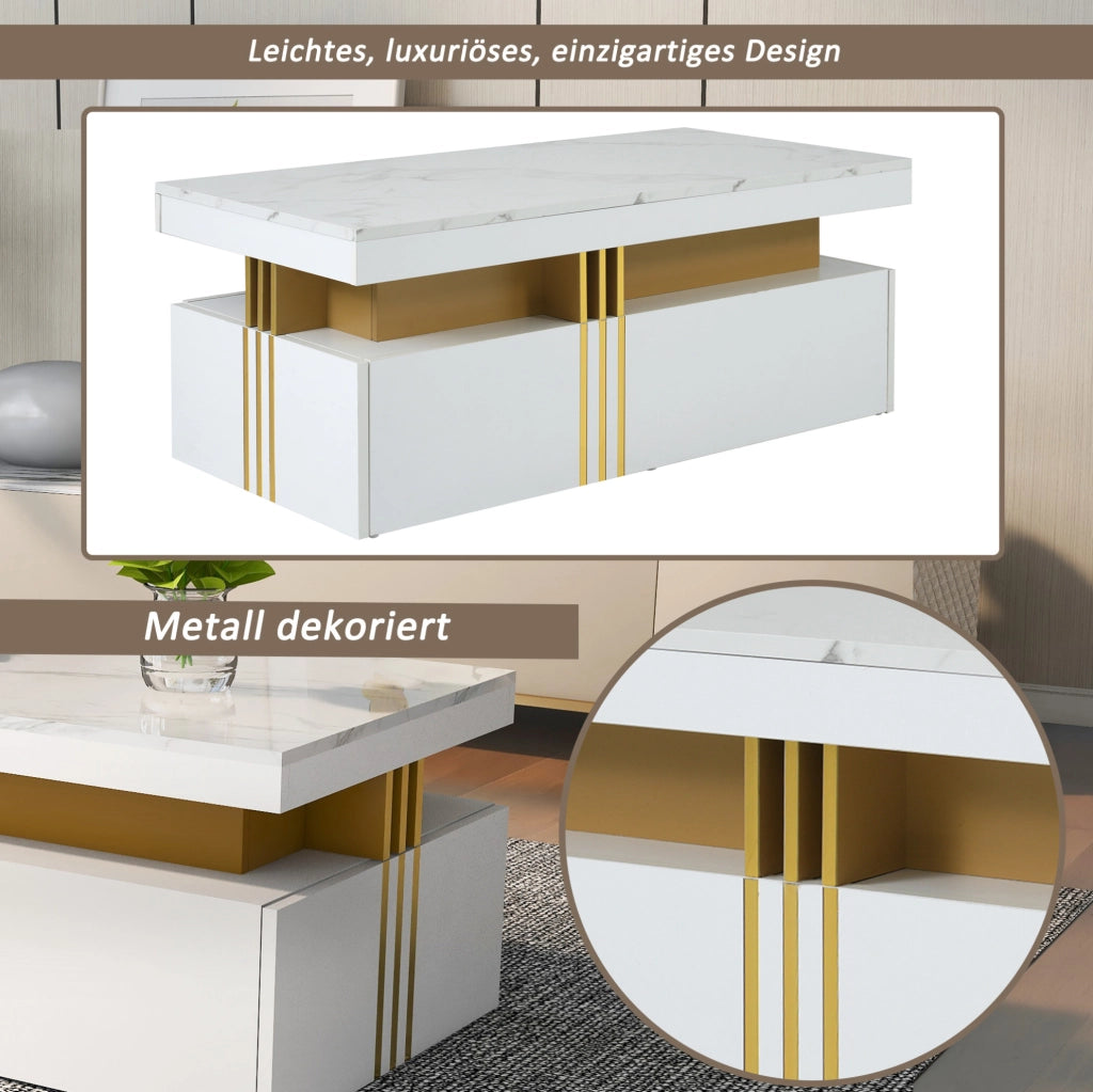 Tavolino da caffè bianco effetto marmo con 2 cassetti 100 cm