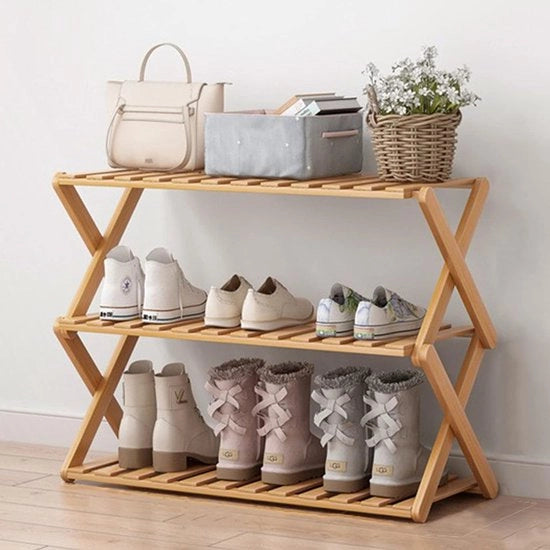 Scaffale per scarpe in bambù con 3 livelli, portatile, pieghevole, senza installazione necessaria, piccolo scaffale per scarpe, ideale per corridoi, camere da letto e spazi chiusi (3 livelli)