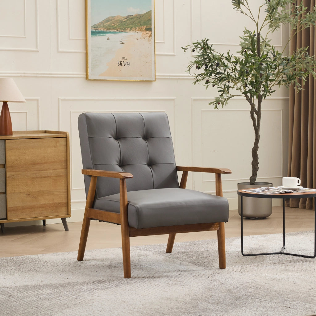 Fauteuil in pelle con struttura in legno e cuciture pull-point per soggiorno camera da letto home office grigio
