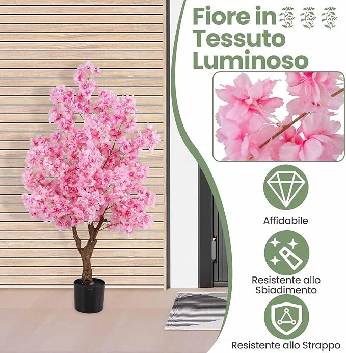 Albero di Ciliegio Artificiale da 118 cm con Fiori Rosa, Tronco PE Multiramo e Base Riempita di Cemento, Pianta Finta da Interno ed Esterno in Vaso per Ufficio, Casa, Matrimonio
