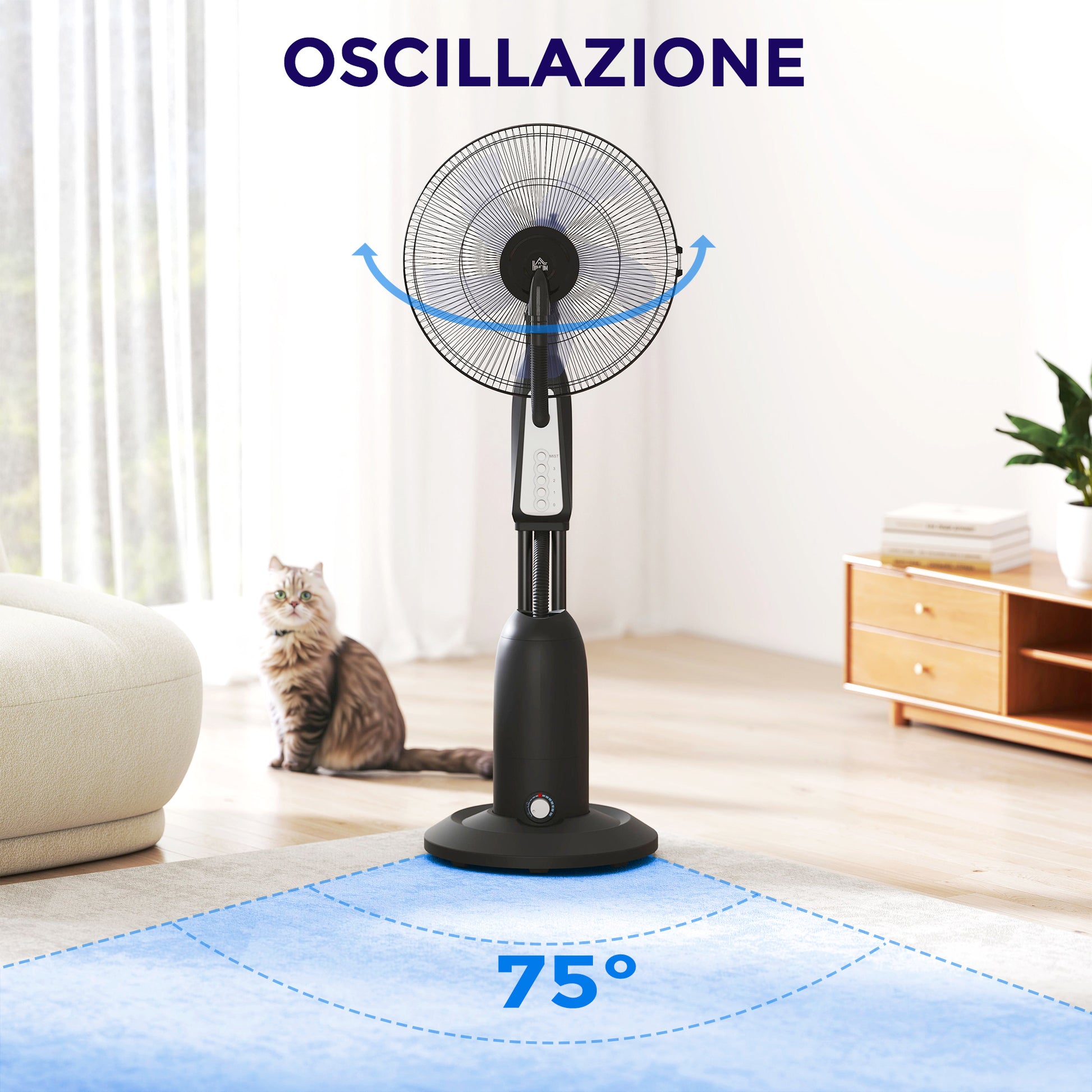 Ventilatore Nebulizzatore Regolabile a 3 Velocità con Oscillazione 75° in Metallo e Plastica Nero