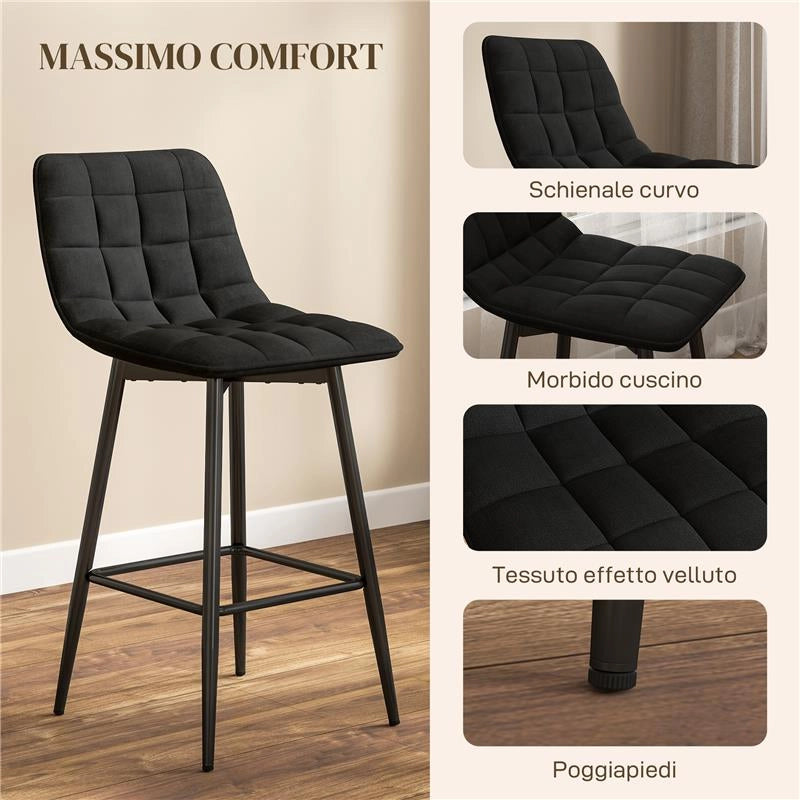 SET 2 SGABELLI DA CUCINA STILE NORDICO IN TESSUTO EFFETTO VELLUTO E METALLO 45X47X84 CM NERO