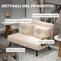 Divano Letto 3 in 1 in Tessuto Effetto Velluto con Schienale Regolabile e 2 Cuscini, 102x73x81 cm, Beige