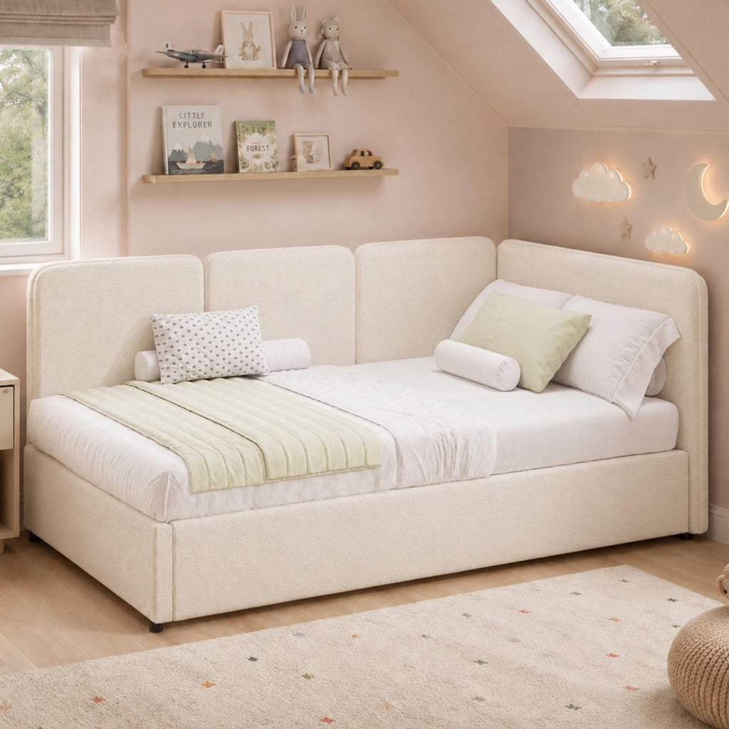Letto per bambini 90 × 200 cm con contenitore idraulico, senza materasso, in bouclé, beige