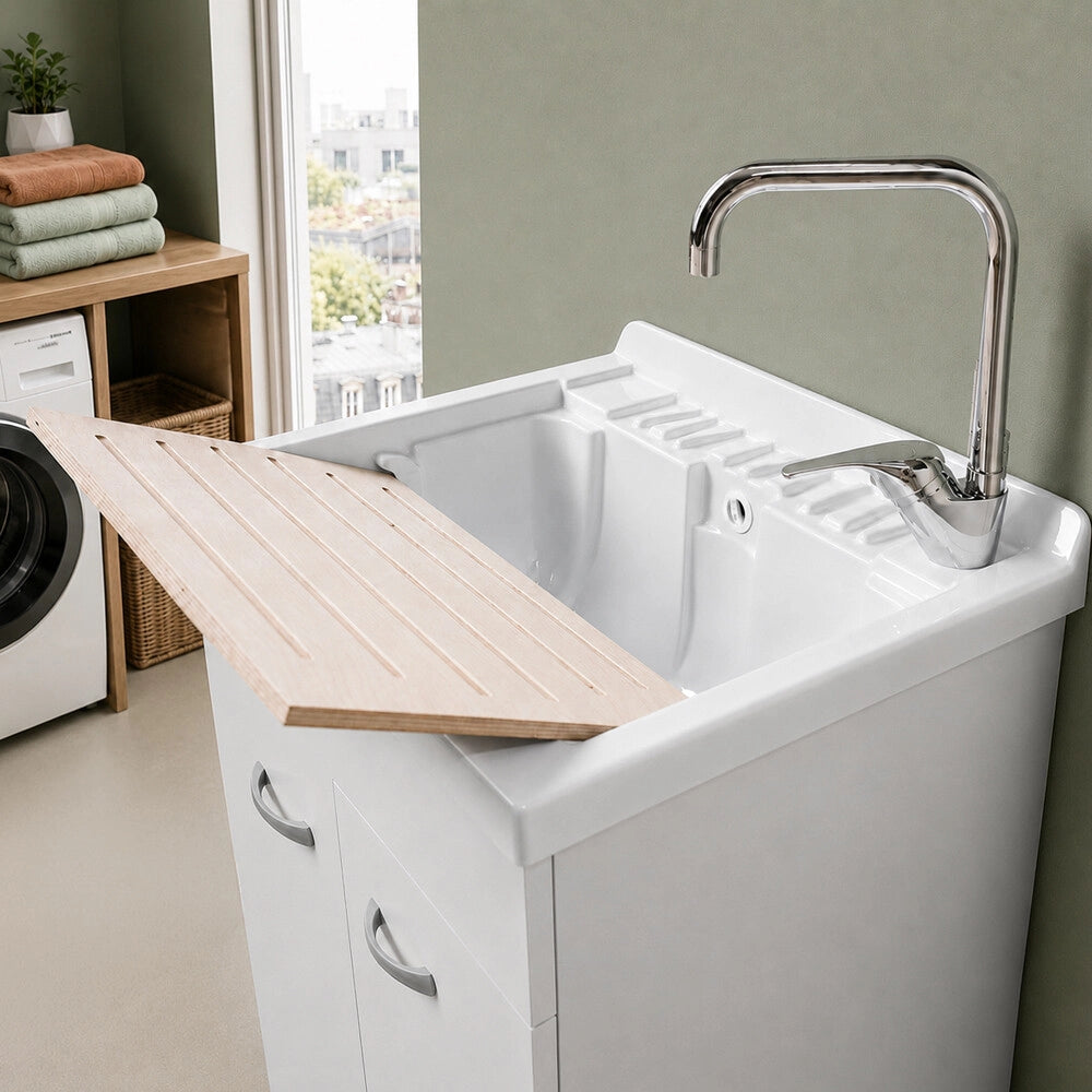Mobile lavatoio 59x60 cm bianco opaco con ante e vasca incluso di asse di lavaggio e kit di scarico Medea