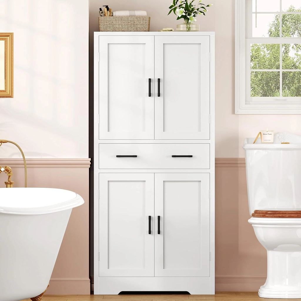 Mobile Bagno con 4 Porte e 1 Grande Cassetto, Mobiletto Bagno Salvaspazio con Ripiano Regolabile, Armadio Bagno – per Soggiorno, Cucina, Bianco, 60x30x148 cm
