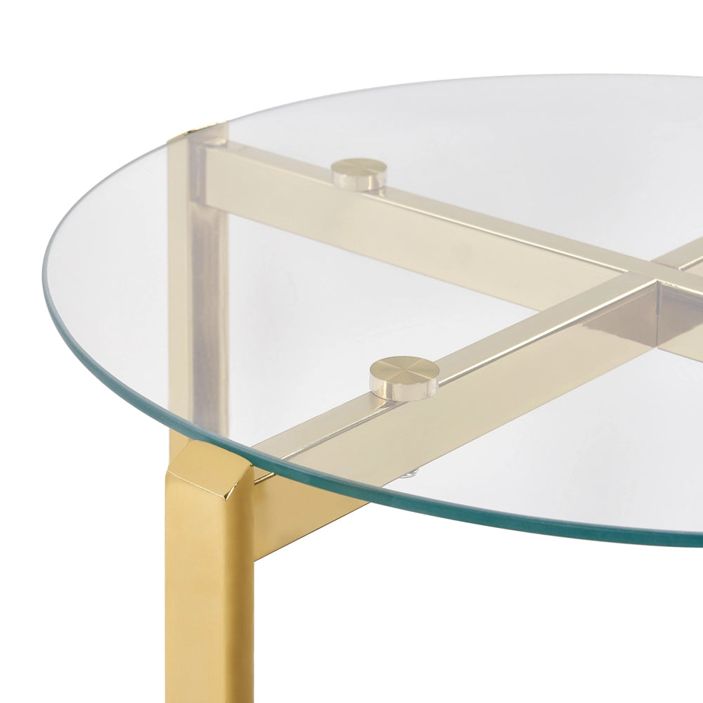 Tavolino moderno piano in vetro temperato con 1 ripiano legno chiaro e oro stile moderno