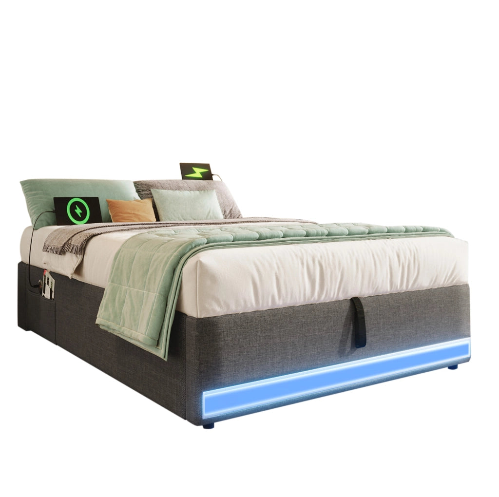 Letto imbottito 90x200 cm grigio con LED, ricarica USB/Type-C e vano contenitore