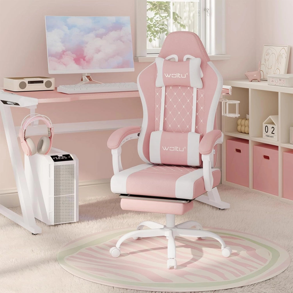 Sedia Gaming con Massaggio, Poltrona Ufficio Ergonomica, Ampia Sedia Girevole Imbottita per Computer con Cuscino Lombare Massaggiante, Carico 150 Kg, Tessuto a rete Rosa+Bianco