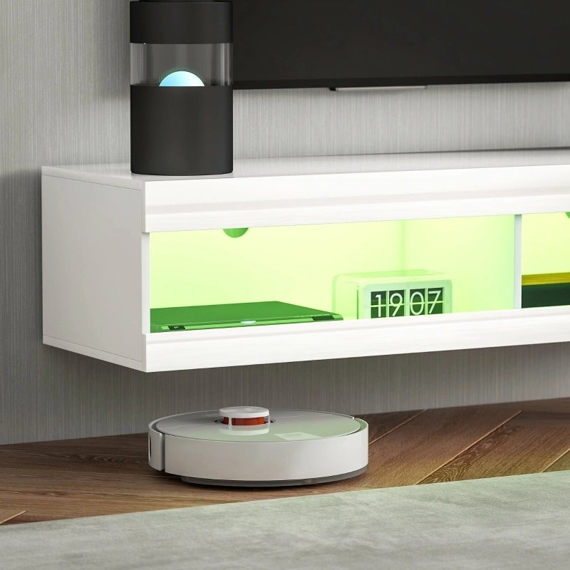 Mobile porta TV sospeso con LED RGB e 2 vani aperti per soggiorno in legno bianco lucido 140 × 40 × 30 cm