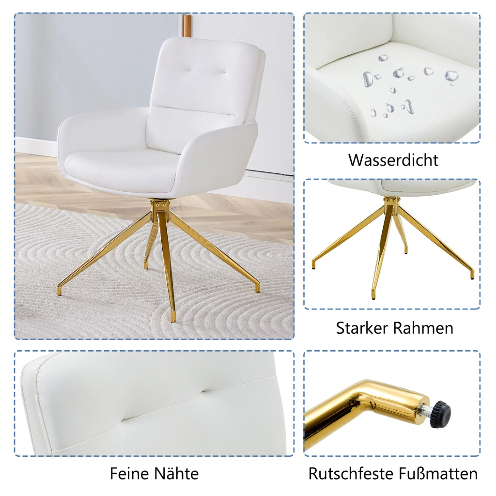 Sedia da pranzo girevole a 360° con schienale imbottito e gambe metalliche in PU Bianco e Oro