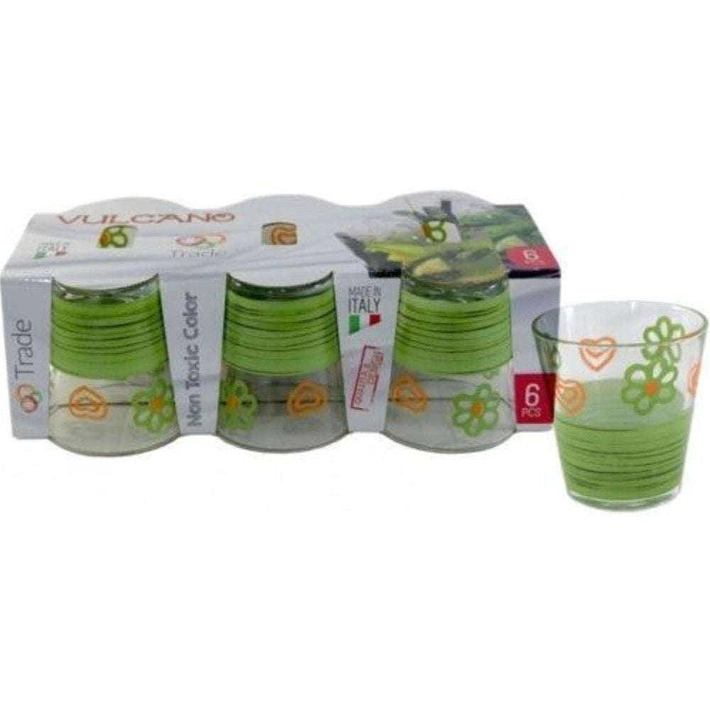 Trade Shop - Set Servizio 6 Pezzi Bicchieri Vetro Decorati Vulcano Verde -