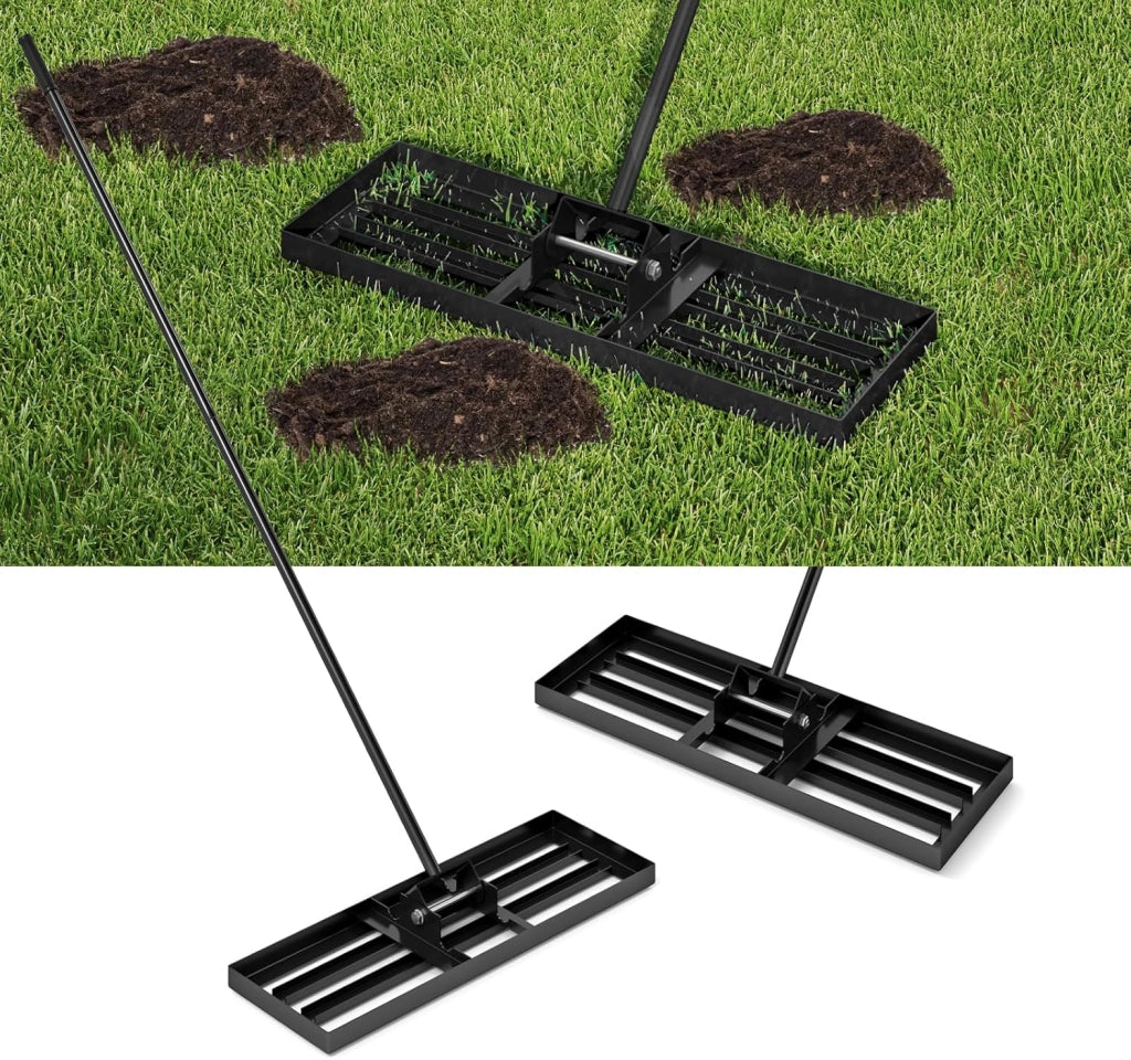 Rastrello Livellatore per Prato, Attrezzo per la Livellatura del Prato con Manico Ergonomico, Livellatrice per Giardino, Cortile, Campo da Golf, Fattoria e Pascolo (Verde 91 x 25 cm)