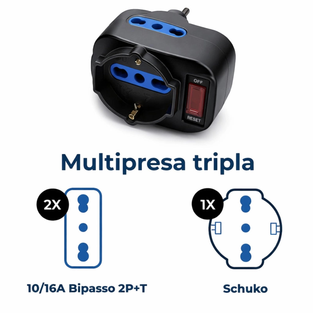 Adattatore Rotante Spina 10A con 2 Prese 2P+T e Presa Bipasso Schuko Protezione Sovraccarico 1500W | 1080N
