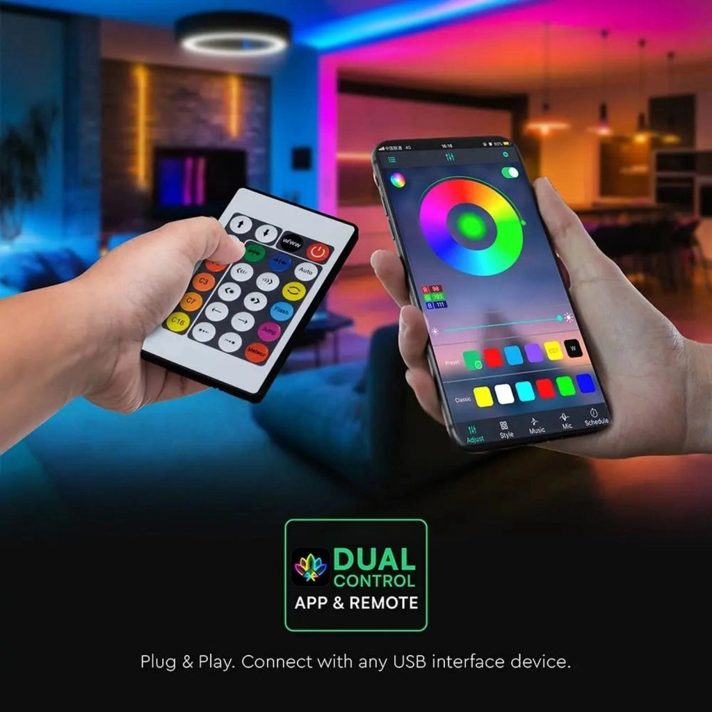 Kit Striscia Led Neon Flex RGB Magic Smart 3W/m 5m 30LED/m USB 5V con Telecomando e Bluetooth App LotusLamp SKU-24050