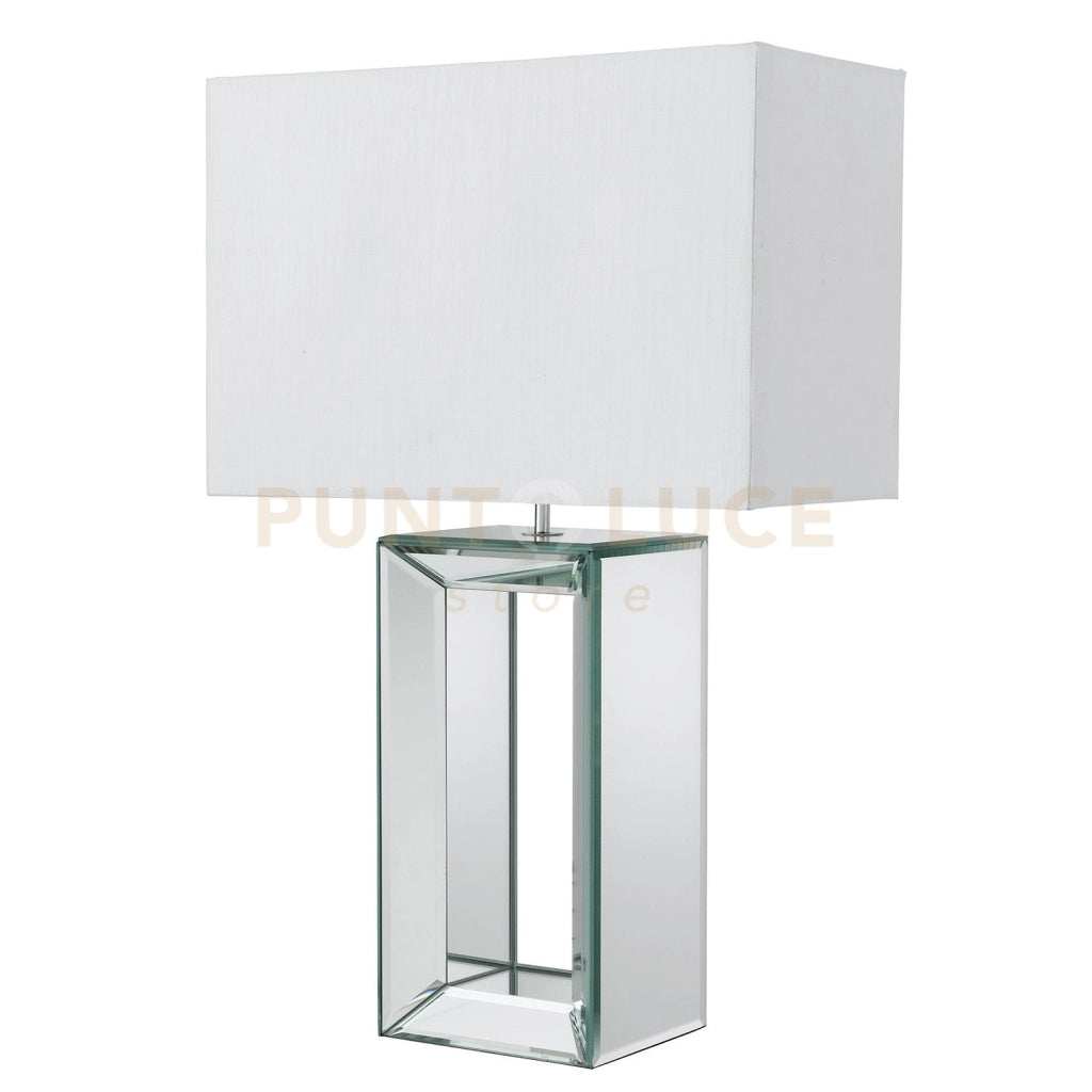 Lampada da tavolo a specchio - Vetro specchiato e paralume in finta seta bianca