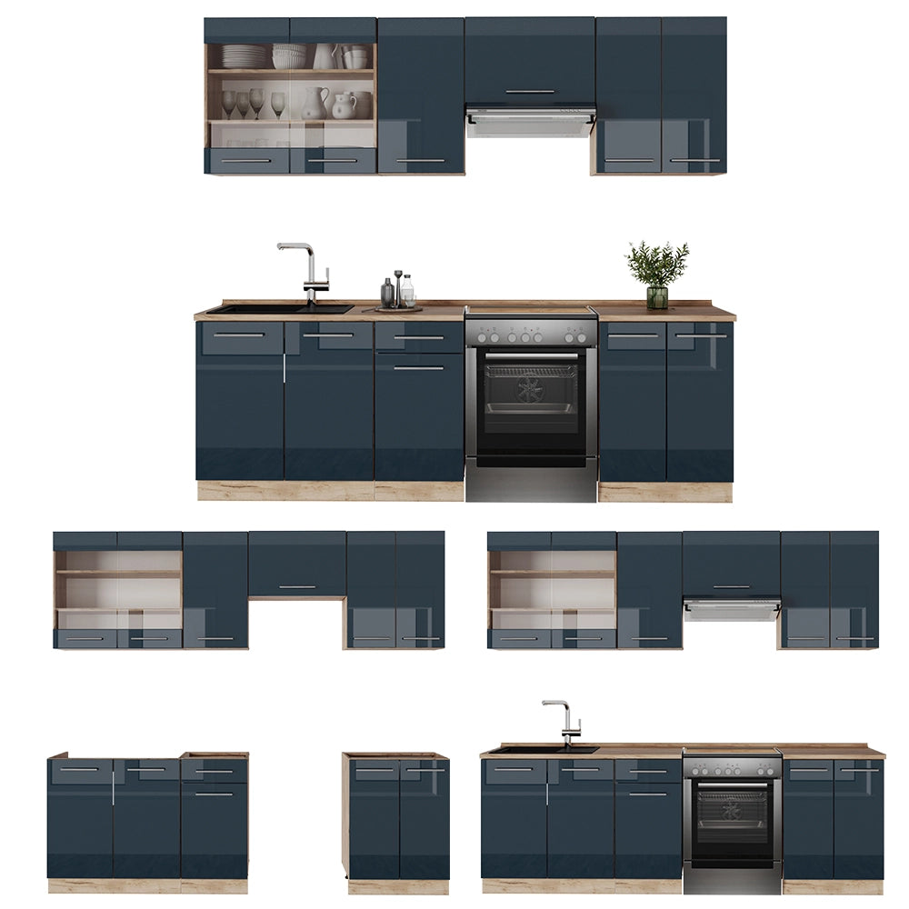 Cucina componibile Fame-Line Blu scuro lucido/Rovere dorato 240 cm, PL Rovere Vicco