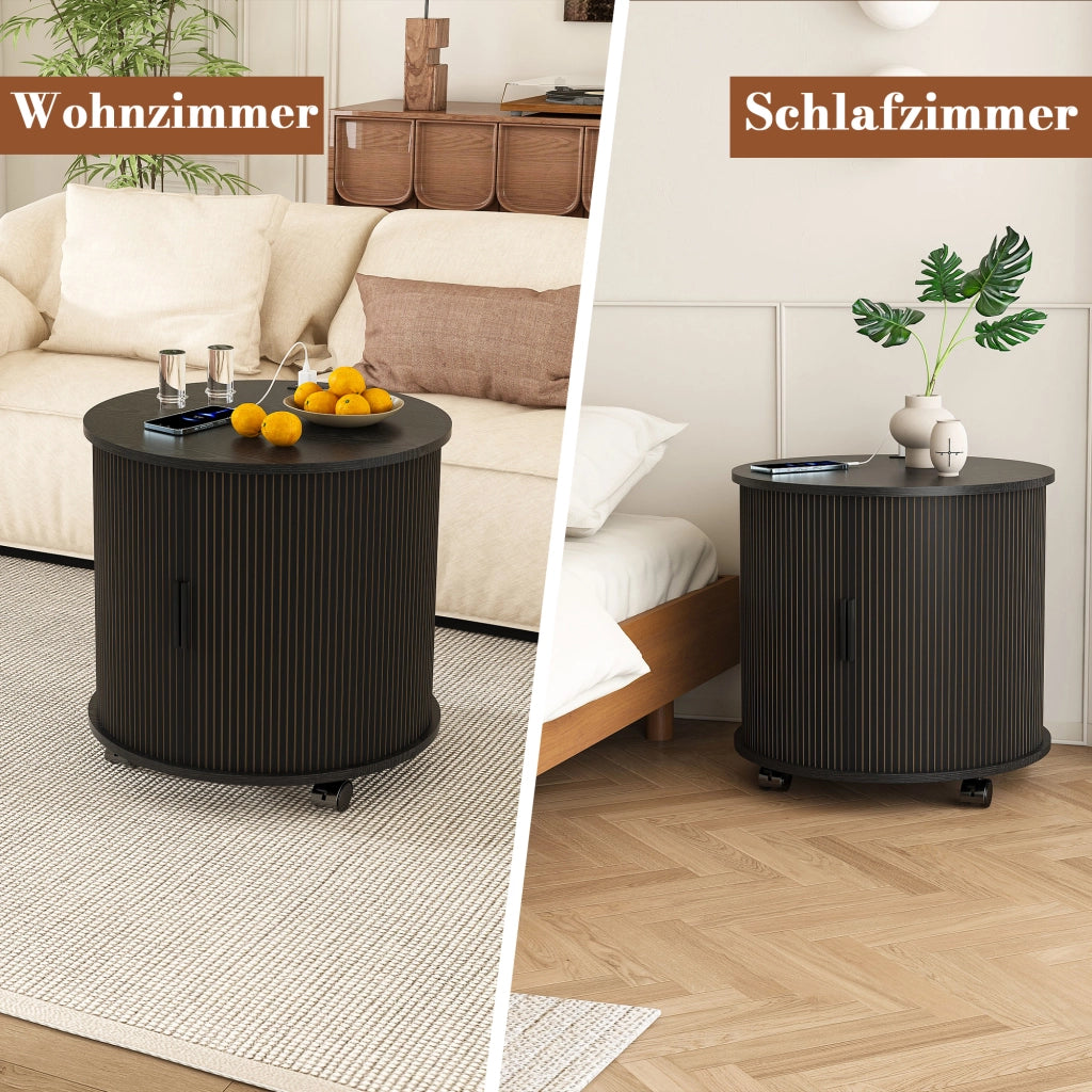 Comodino cilindrico stile mid-century con presa e 2 porte USB, anta scorrevole e vano contenitore, nero, 60 × 60 × 60 cm