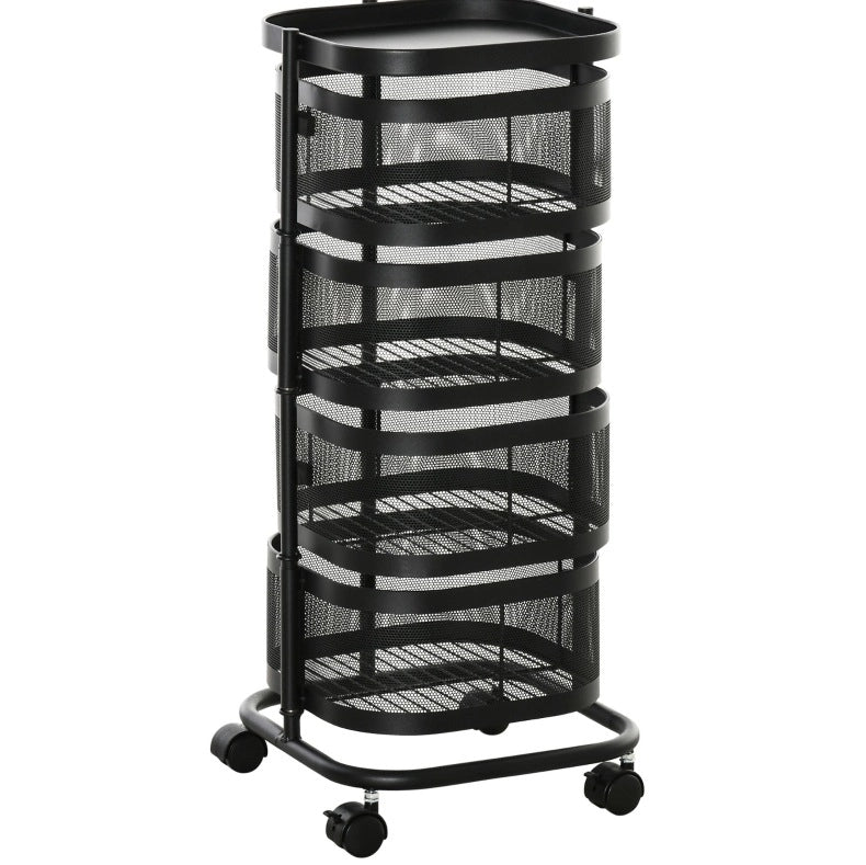 Carrello cucina con 4 ripiani girevoli e ruote, nero, 33x33x77 cm