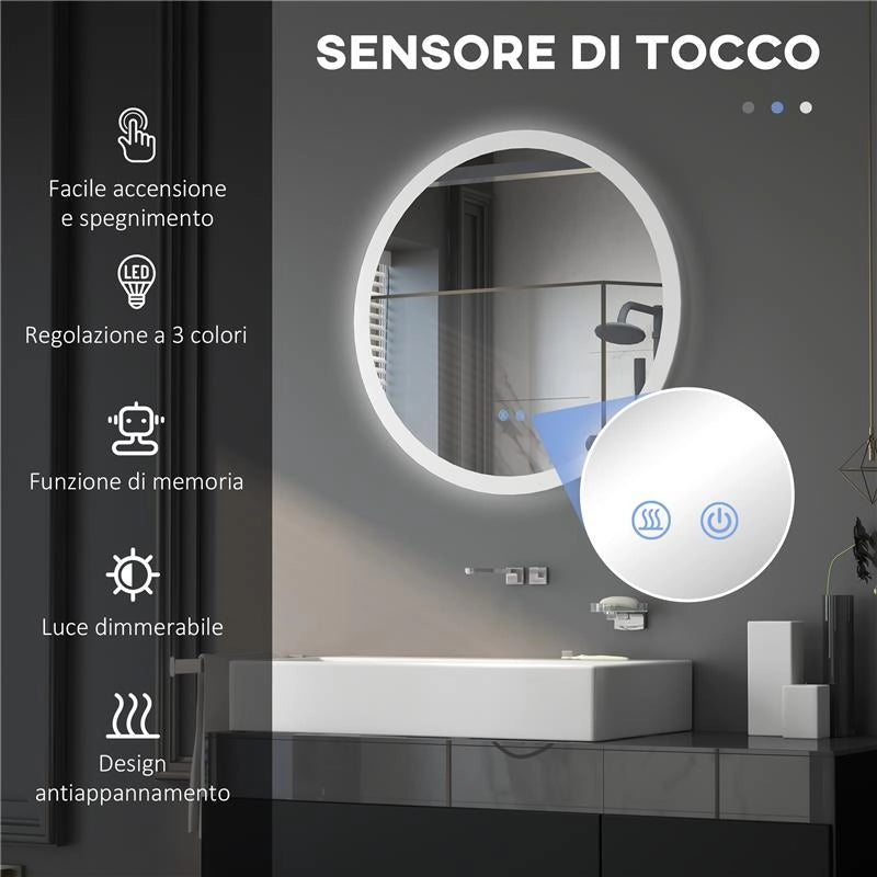 SPECCHIO BAGNO LED ANTIAPPANNAMENTO CON 3 COLORI E LUMINOSITÀ REGOLABILE, IN METALLO E VETRO, Ø70X3 CM
