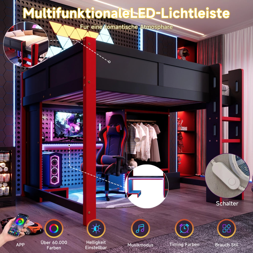 Letto a castello nero rosso con illuminazione LED in pino 140x200 cm