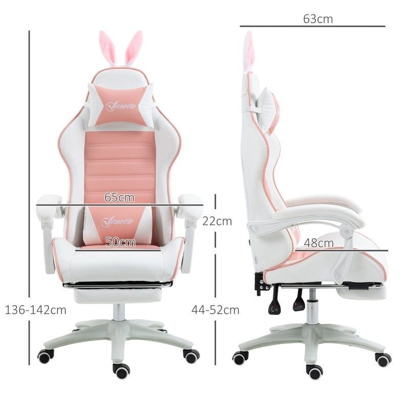 Sedia gaming rosa con orecchie da coniglio e poggiapiedi