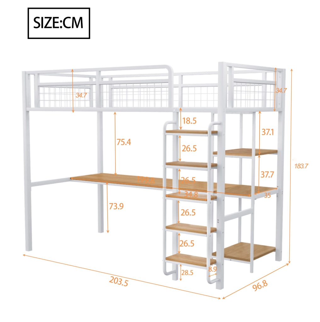 Letto a soppalco in metallo 90x200 cm con scrivania e ripiani; bianco