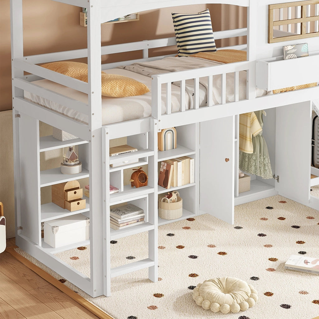 DESMIU Letto a castello 1 posto con scivolo, armadio e scaffali 90 × 200 cm, senza materasso, bianco e naturale