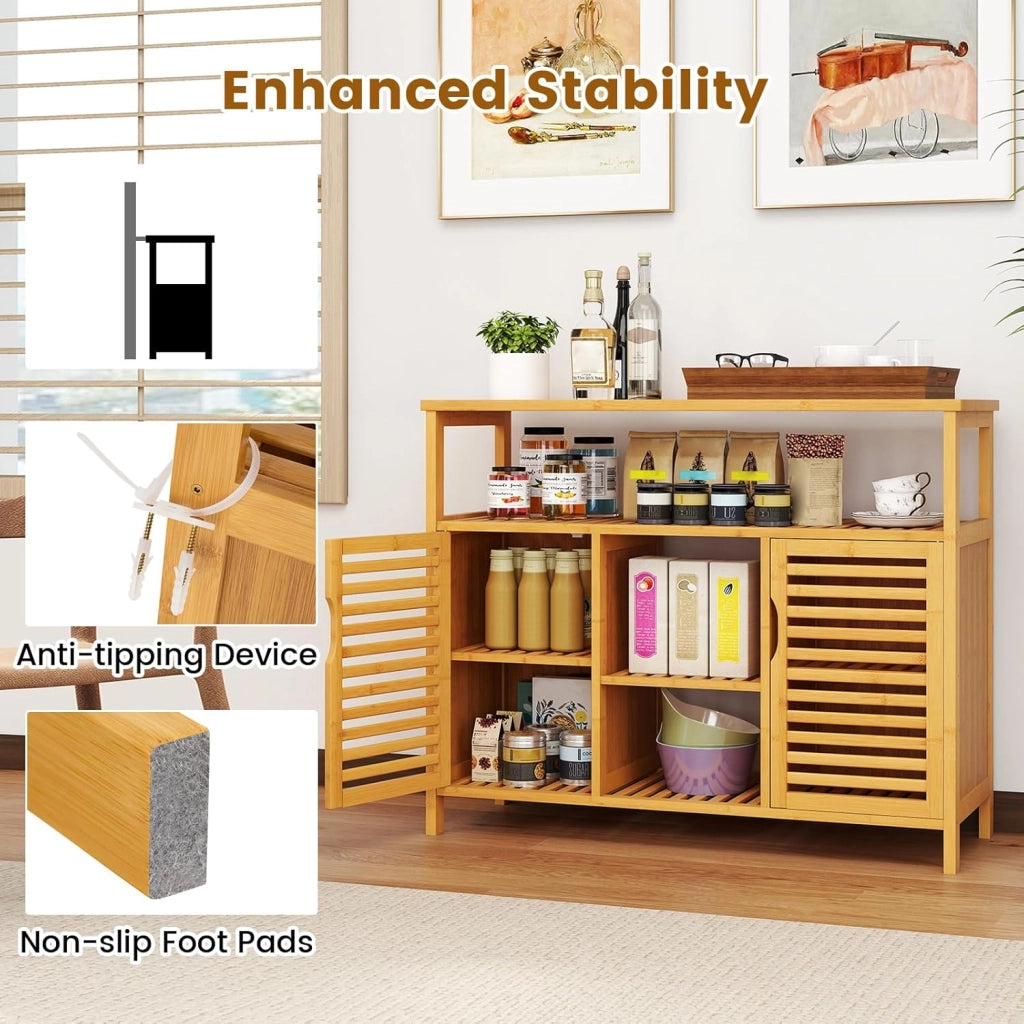 Credenza Cucina in Bambù, Mobile da Bagno con Ripiani Aperti e 2 Porte, Armadio a Buffet a Doghe per Soggiorno, Sala da Pranzo, 100 x 35 x 80 cm, Naturale