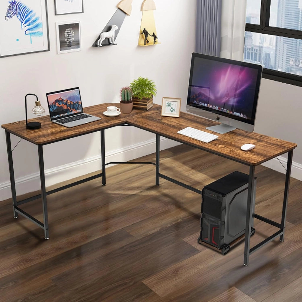 Scrivania Angolare Salvaspazio, Scrivania Porta PC a Forma di L con Porta CPU, Scrivania ad Angolo in Legno e Ferro per Studio e Ufficio, Portata 100 kg, 168 x 125 x 74 cm (Caffè)