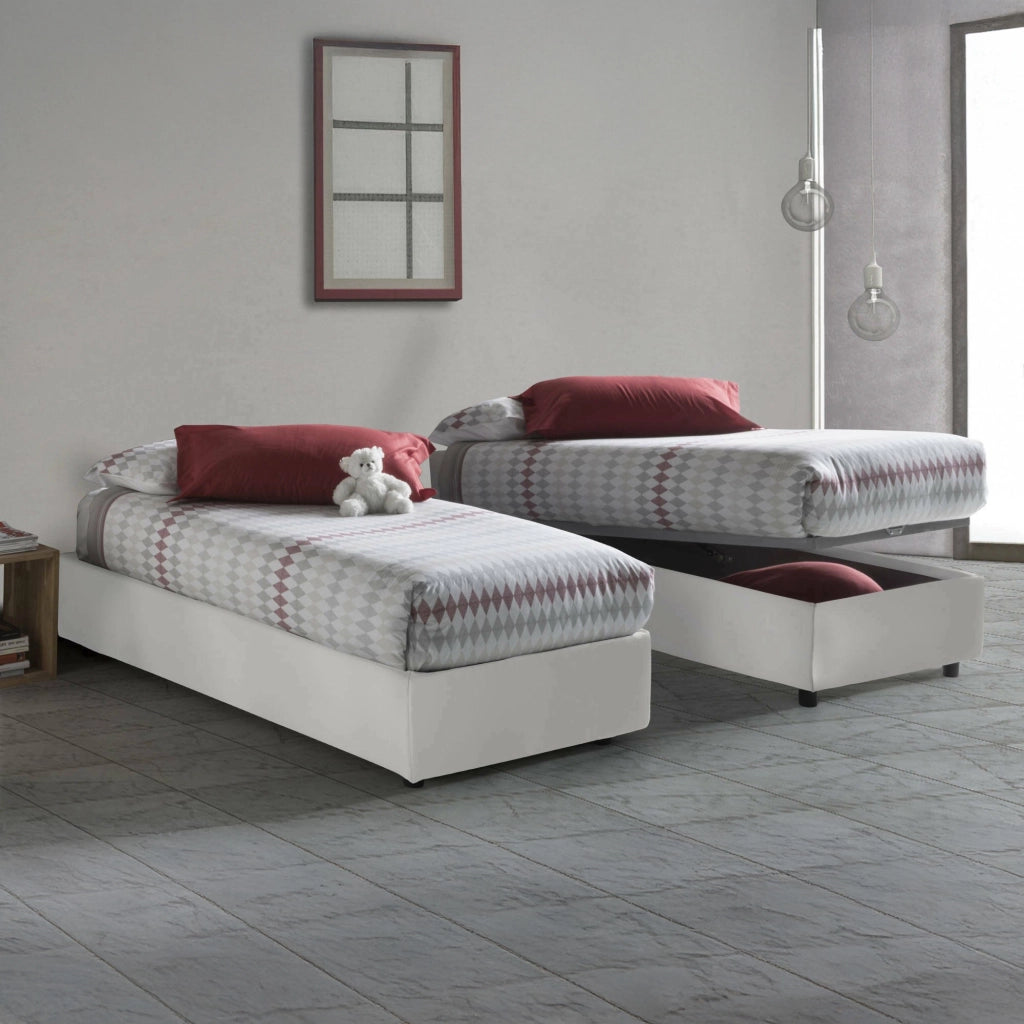 Letto singolo Artesh, Letto contenitore con rivestimento in ecopelle, Made in Italy, Apertura frontale, adatto per materasso cm 80x200, Bianco