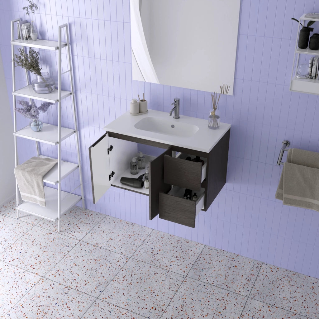 Mobile da bagno sospeso 80cm rovere scuro con lavabo e specchio | Rata