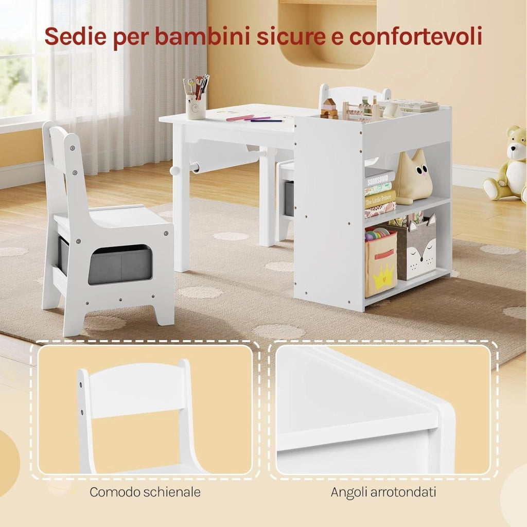 Tavolino Bambini con 2 Sedie, 3 in 1 Scrivania Cameretta in Legno, con Ripiano a 3 Livelli, Portarotolo di Carta e Contenitore Rimovibile, per Asilo, Bianco