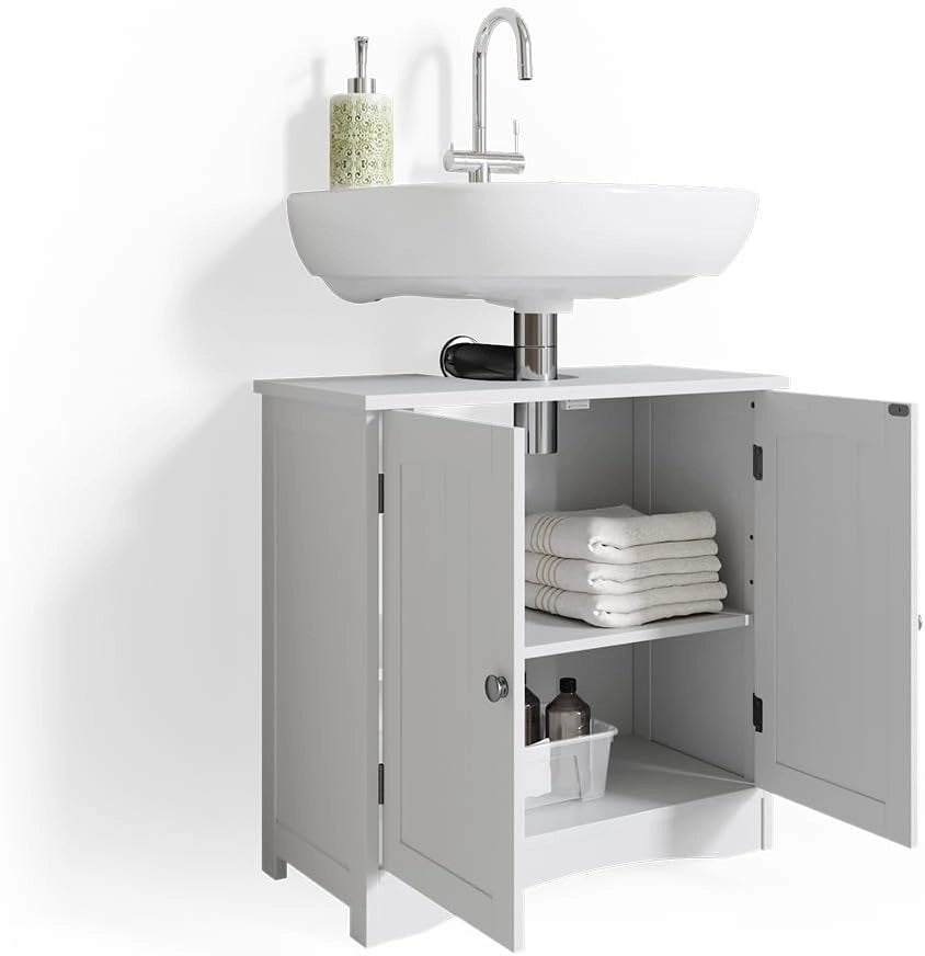 Mobile sottolavabo per bagno Bianco, Bianco, 60 x 60 cm, con ritaglio per sifone e spazio di stoccaggio per l’organizzazione del bagno