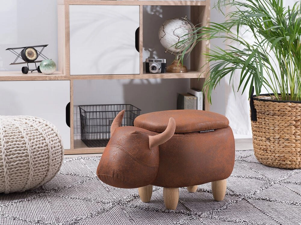 Sgabello per bambini Animale Mucca con contenitore in ecopelle marrone con gambe in legno Poggiapiedi per la scuola materna