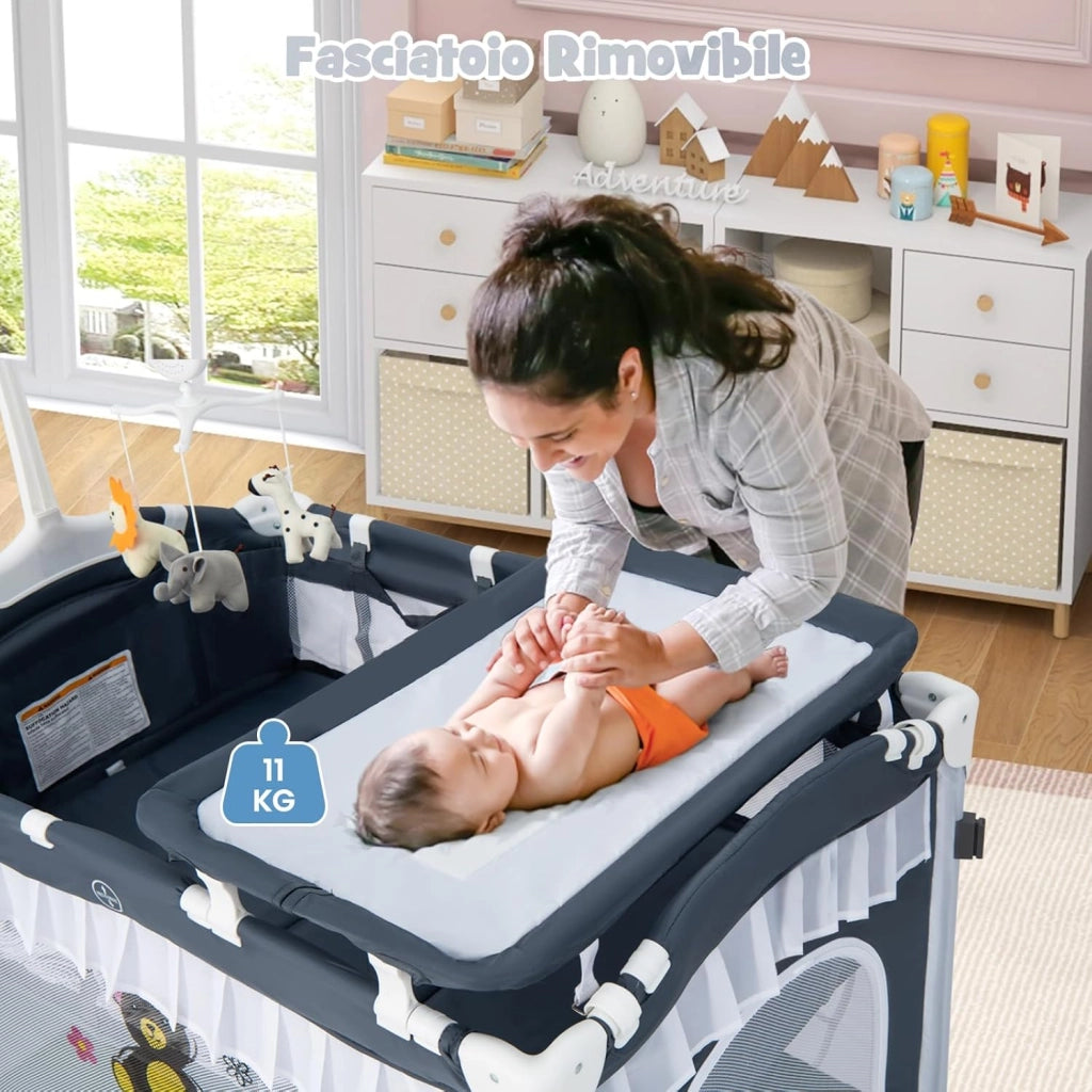 Lettino da Campeggio per Bambini, Culla Pieghevole con Fasciatoio Zanzariera, Box Neonati con Giocattoli, Ruote, per Bambini 0-36 Mesi (Grigio)