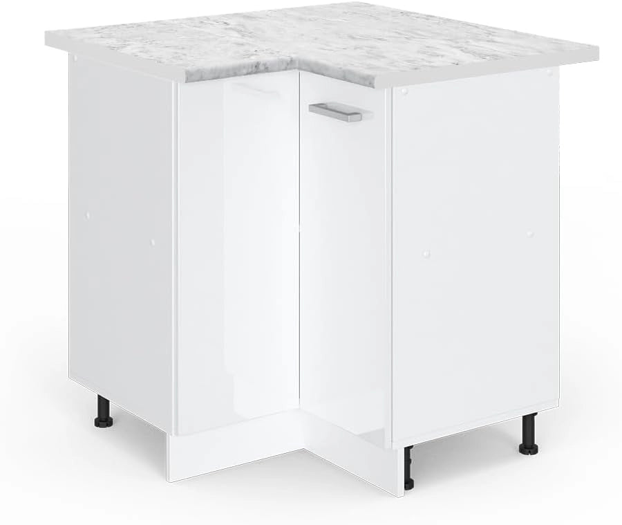 Mobile ad angolo cucina R-Line, Bianco lucido, 75.6 cm, PL Marmo, per la libera combinazione all'interno di sistemi cucina modulari