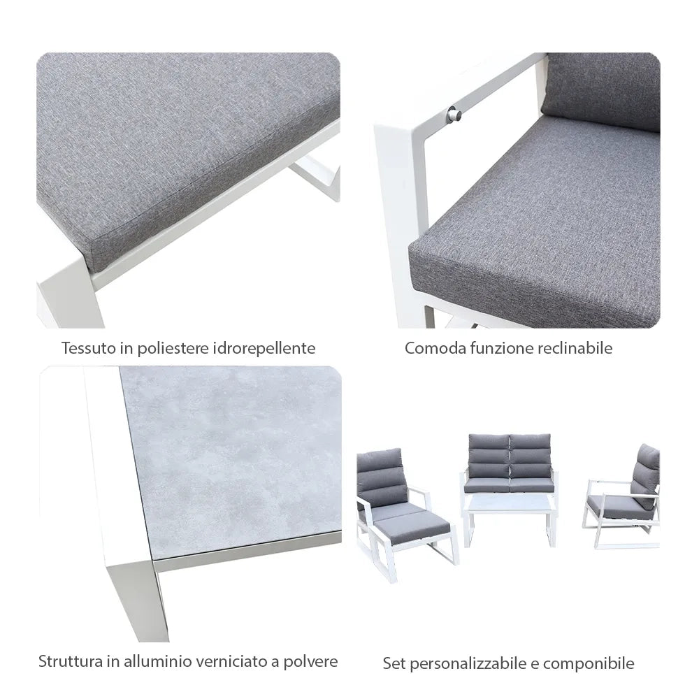 Tempo Style - Salottino Lounge in alluminio MIKONOS bianco/grigio | Lounge da giardino con divano, tavolo, 2 poltrone e cuscini | Set di mobili da giardino in metallo da 4 persone