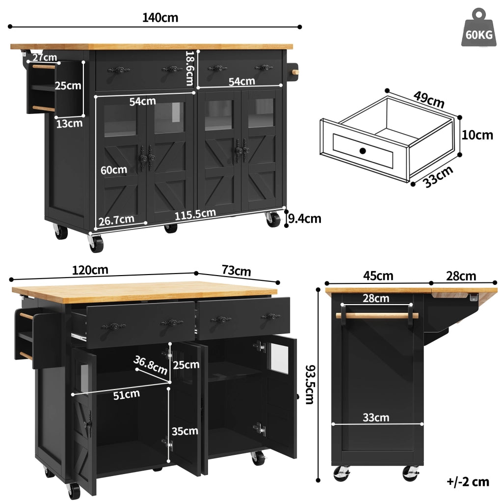 Isola da cucina mobile con piano estraibile e ruote, nera