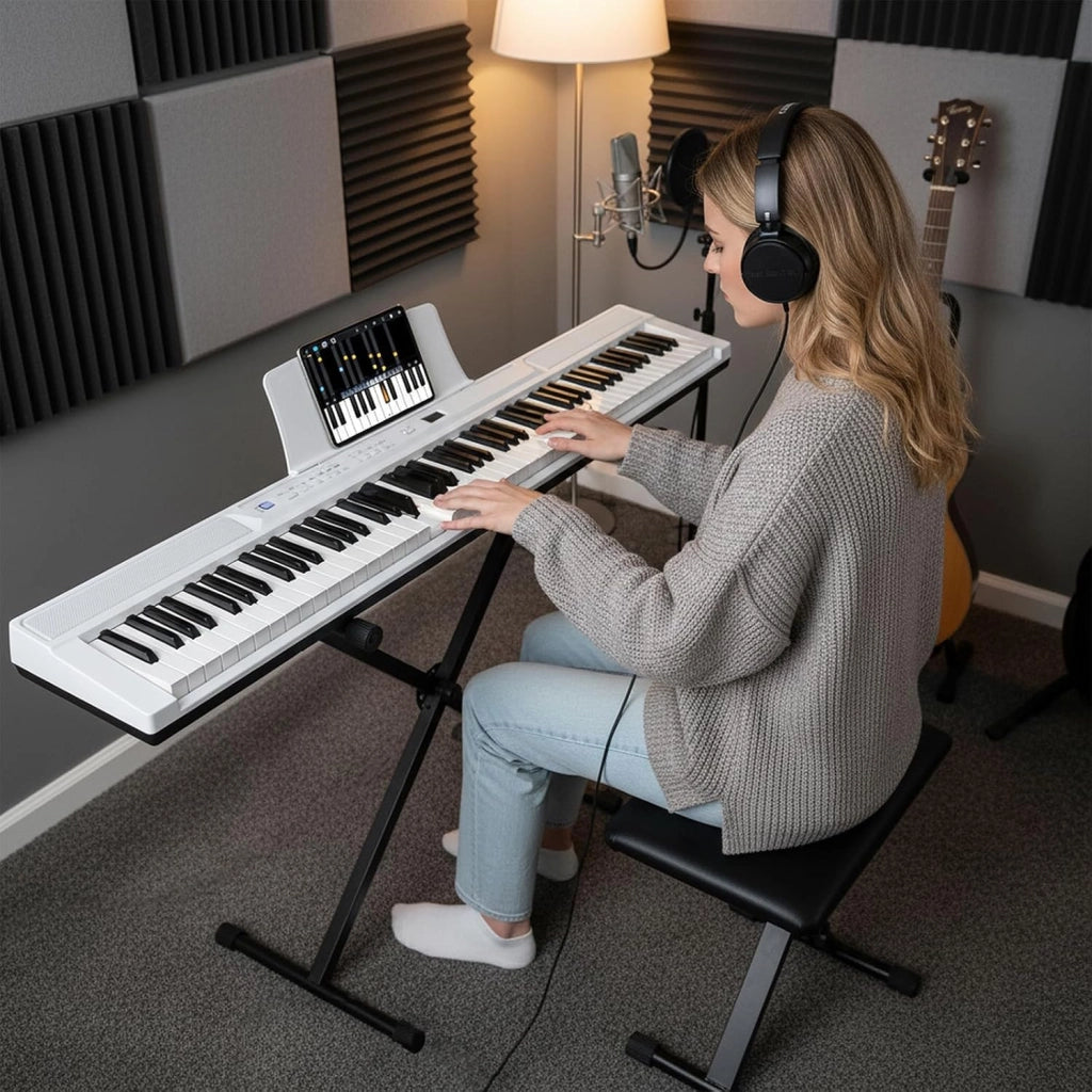 Tastiera Pianoforte Elettrico a 88 Tasti, Piano Digitale con Supporto e Sgabello Regolabili, Tastiera Sensibile, Tasti e Pulsanti Illuminati, Funzione MIDI, Pedale di Sustain, Cuffie (Bianco)