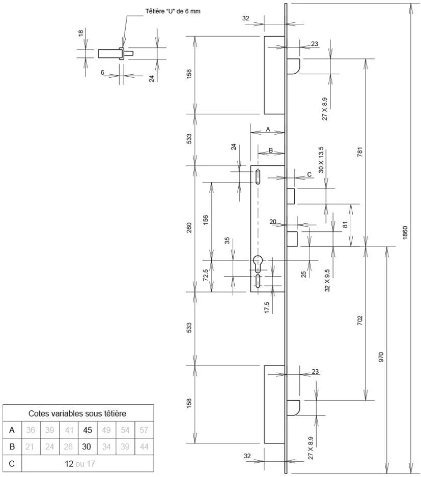 SNA20022 - Serratura a 3 punti, 92MTX, 1/2 giro, U7/45 mm, senza incastro, F1U7450200, NSP